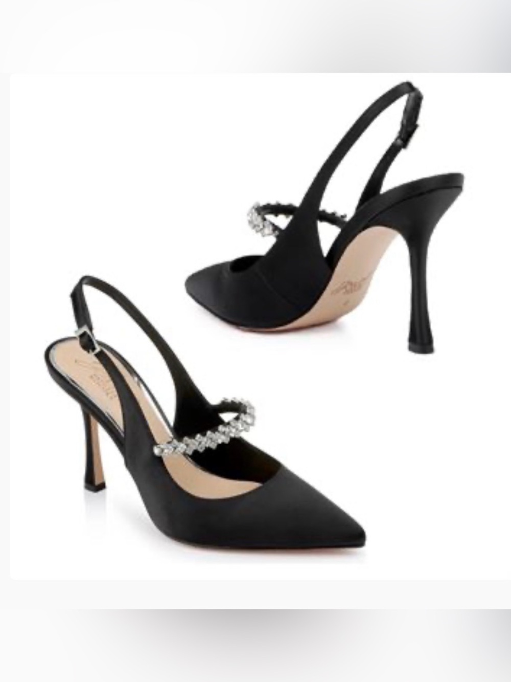 Jewel Badgley Mischka Black Slingback Pointed-Toe Heels with Crystal Strap - 8.5